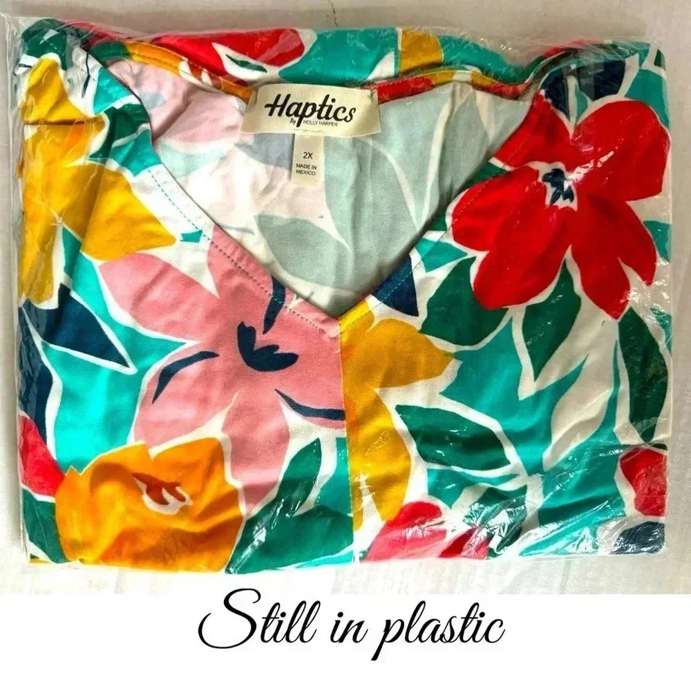 HAPTICS Teal Coral Floral V Neck Top Super Soft Blouse Short Sleeve New 2XL - Picture 2 of 6